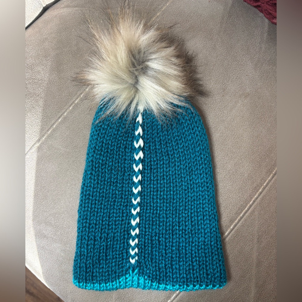 Teal Knit Beanie with Faux Fur Pom